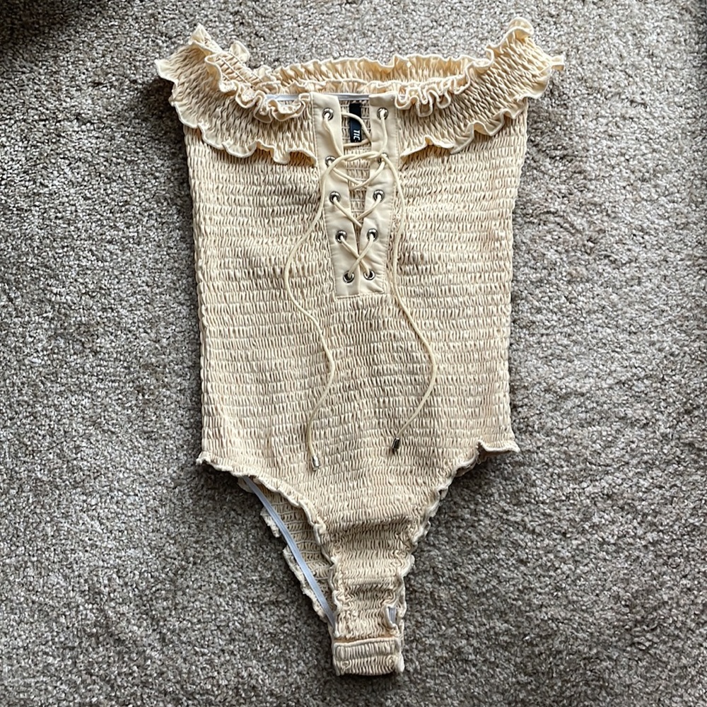 12th Tribe Off The Shoulder Smocked Lace Up Bodysuit
